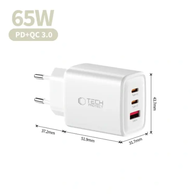 Tech-protect Nca65w-gan 3-port Network Charger Pd 65w / Qc3.0 White 3