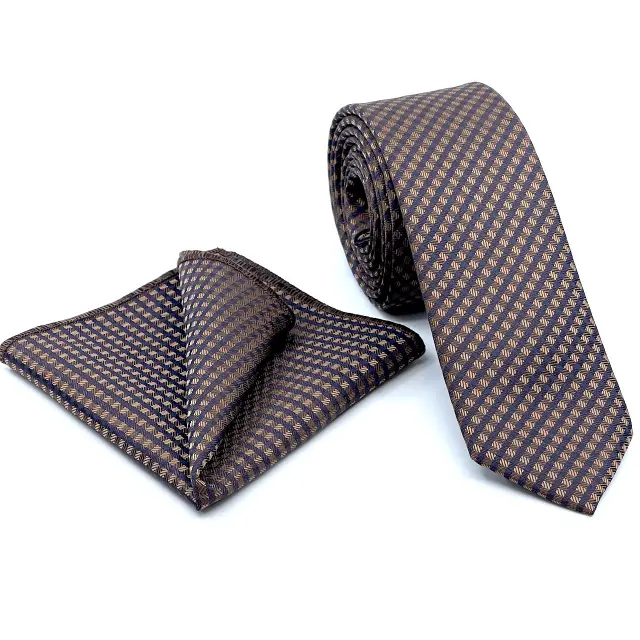 Γραβάτα Microfiber σε Καφέ και Μπλε Αποχρώσεις Σετ με Μαντηλάκι