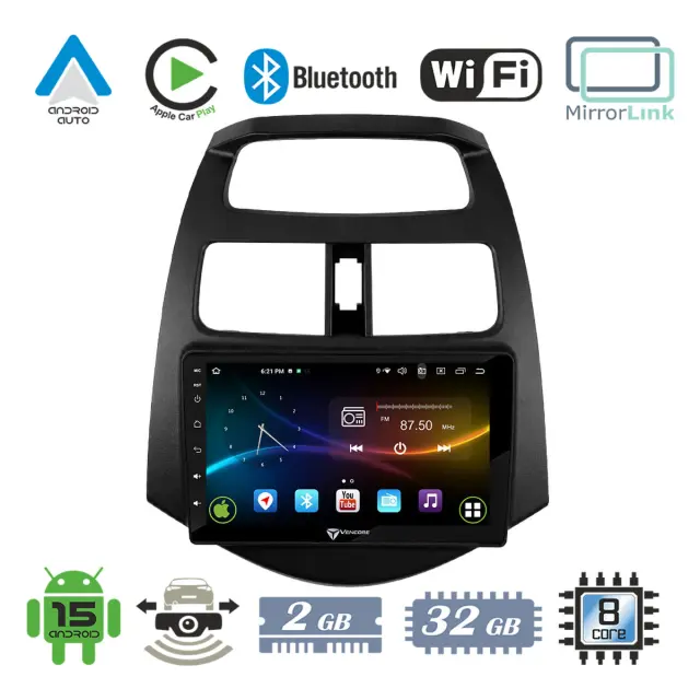 VenCore Οθόνη Multimedia Android 15 9" 9109A MTK6762 Octa-Core 2GB/32GB IPS με Πρόσοψη, CarPlay, Android Auto και Υποστήριξη Κάμερας Οπισθοπορείας AHD για Chevrolet Spark 2009-2015 – Μαύρη (3236-10007-0683B)