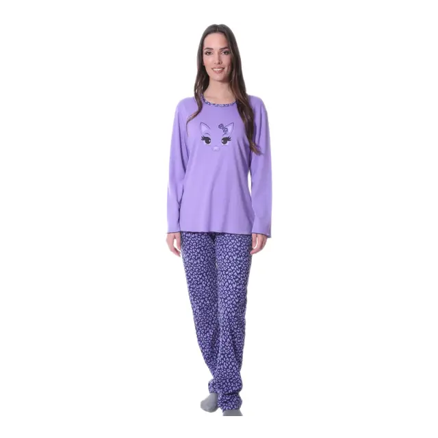 Lydia Creations Γυναικεία Πυτζάμα Kitty με Animal Print Παντελόνι, Χρώμα Λιλά