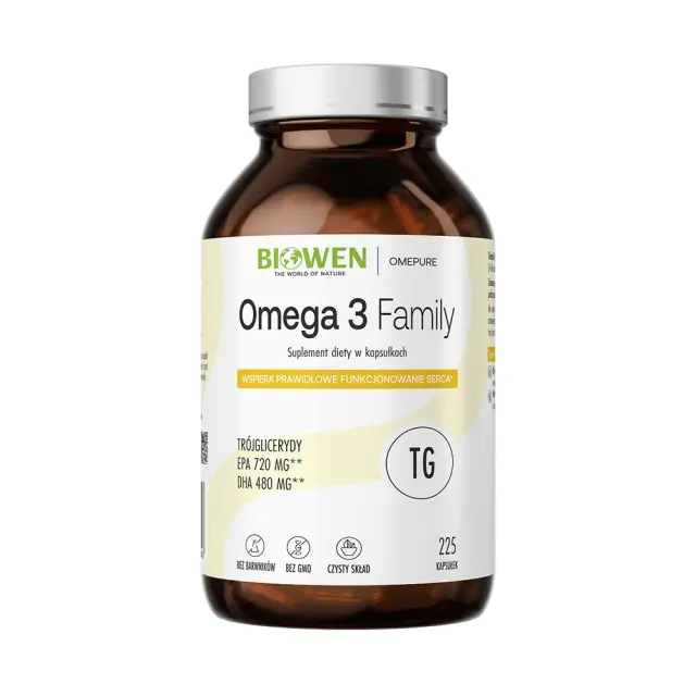 BIOWEN Omega 3 TG Family 720mg EPA, 480mg DHA – food supplement for humans – 225 capsules