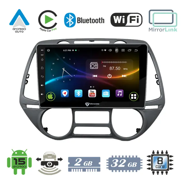 VenCore Οθόνη Multimedia Android 15 9" 9109A MTK6762 Octa-Core 2GB/32GB IPS με Πρόσοψη, CarPlay, Android Auto και Υποστήριξη Κάμερας Οπισθοπορείας AHD για Hyundai i20 2009-2012 Auto A/C – Γκρι (3236-10007-0709G)