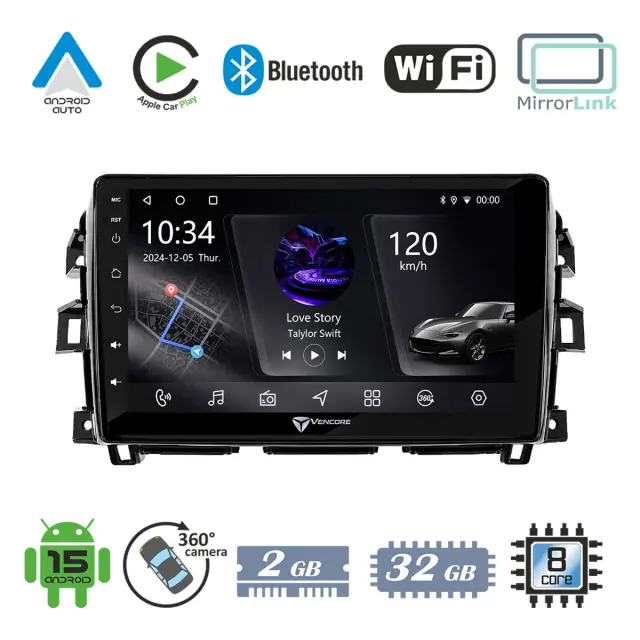 VenCore Οθόνη Multimedia Android 15 10.1" PX5S Octa-Core 2GB/32GB IPS με Πρόσοψη, CarPlay, Android Auto και Υποστήριξη Κάμερας 360° για Nissan Navara 2016-2022 – Μαύρη (3236-10006-0265B)