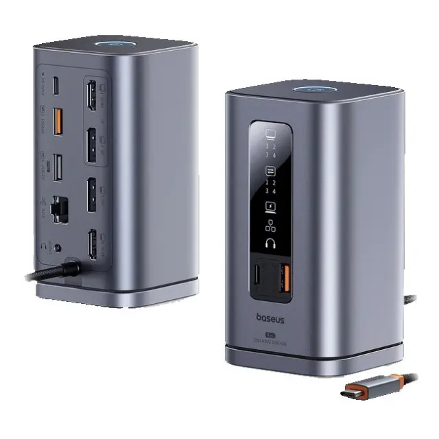 Baseus Docking Station Spacemate RD1 11in1 USB-C 2x HDMI 4K@60Hz 2x DP 4K@60Hz 2x USB-A 10Gb/s USB-C 10Gb/s RJ45 USB-A 480Mb/s USB-C PD mini jack 3.5mm Gray