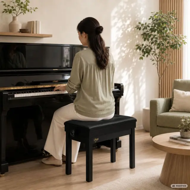 V-TONE PB2 BK piano keyboard bench black upholstered musician seat storage compartment adjustable 49-57 cm up to 140 kg 3
