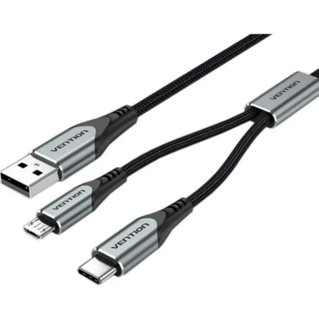 VENTION Nylon Braided USB 2.0 A Male to Dual Type-C Male Y-Splitter Cable 1M Gray Aluminum Alloy Type (CQOHF) (VENCQOHF)