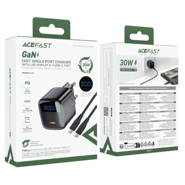 Φορτιστής Ταξιδίου Acefast A115 Fast Charging USB-C PD30W 3.0A GaN με LED Ένδειξη Φόρτισης + Καλώδιο USB-C σε USB-C Μαύρος 2