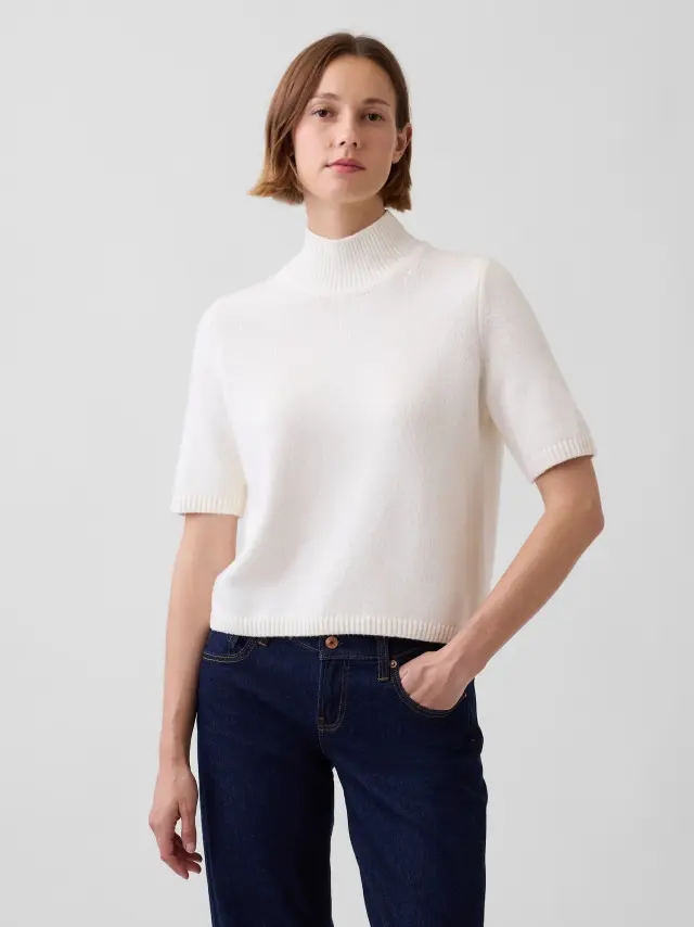 Γυναικείο Πουλόβερ CashSoft Mockneck με Μανίκι μέχρι τον Αγκώνα Ivory beige frost