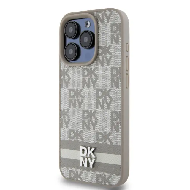 DKNY PU Leather Checkered Pattern and Stripe Case for iPhone 14 Pro Beige 3