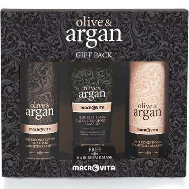 Macrovita Olive + Argan Αναδομητικό Σαμπουάν 200ml, Γαλάκτωμα Μαλλιών 200ml + Μάσκα Επανόρθωσης Μαλλιών 100ml