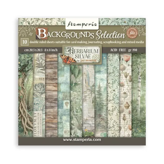 Χαρτιά scrapbooking 10τεμ, 20.3×20.3cm Stamperia, Herbarium Silvae, Backgrounds