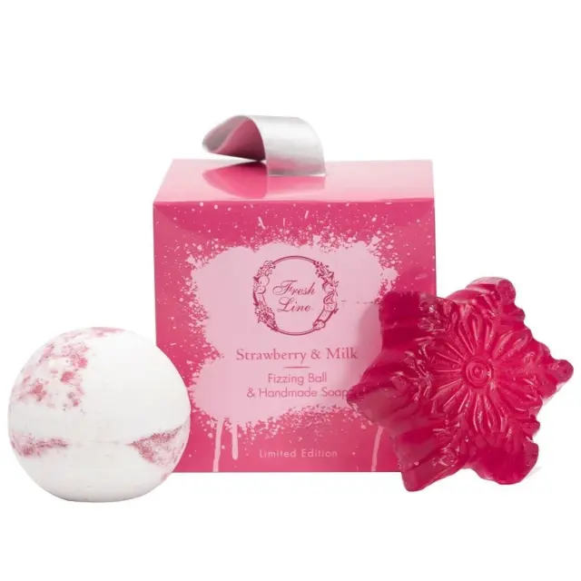 Fresh Line Promo Strawberry & Milk Χειροποίητο Σαπούνι 100g & Χειροποίητη Αναβράζουσα Μπάλα 120g