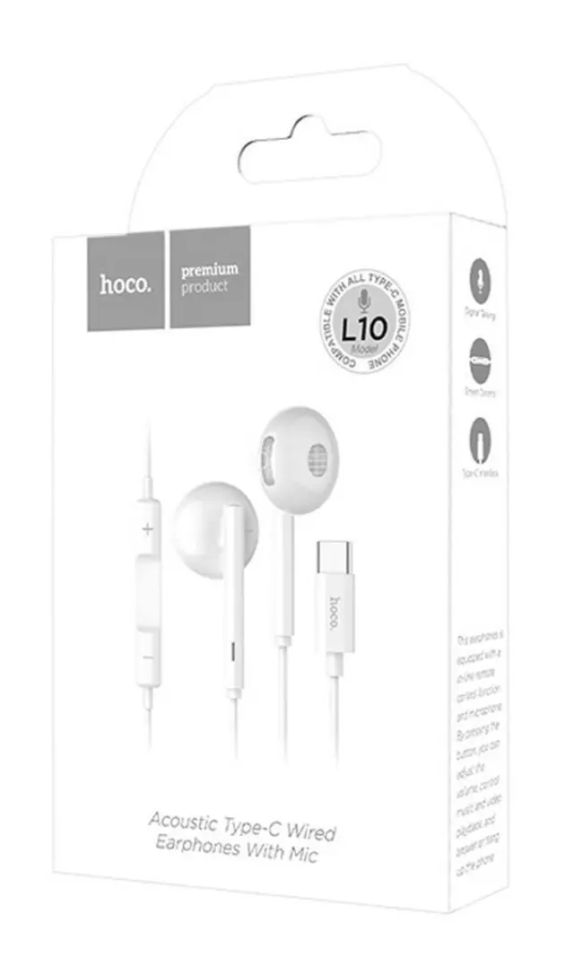Hands Free Hoco L10 Earphones Stereo USB-C Συμβατά με Συσκευές USB-C Xiaomi Huawei Oppo Google Pixel Άσπρο 1.2μ 2
