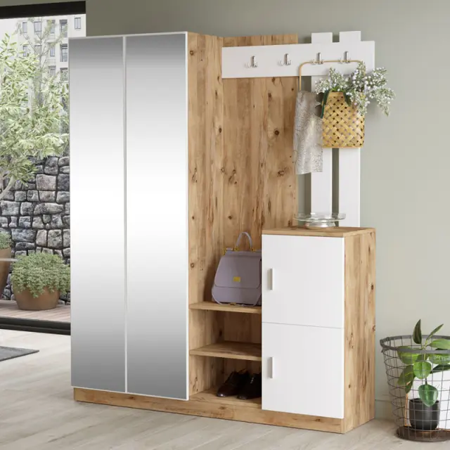 Έπιπλο εισόδου Doorse pakoworld μελαμίνης λευκό-oak 147.5x35x180εκ 2