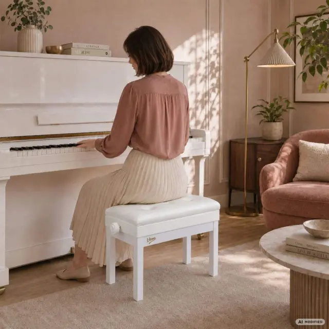 V-TONE PB2 WH piano keyboard bench white upholstered musician seat storage compartment adjustable 49-57 cm up to 140 kg 2