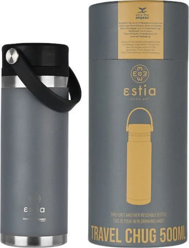 Estia Travel Chug Save the Aegean Μπουκάλι Θερμός Ανοξείδωτο 500ml Estia Travel Chug Save Aegean Fjord Grey με Καπάκι-Θηλιά (Loop)