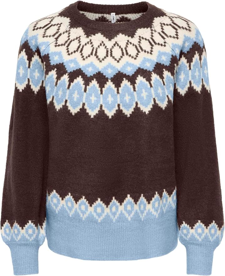 Only Onlrusty Πλεκτή Μπλούζα Fair Isle με Μακριά Μανίκια και Στρογγυλή Λαιμόκοψη Καφέ