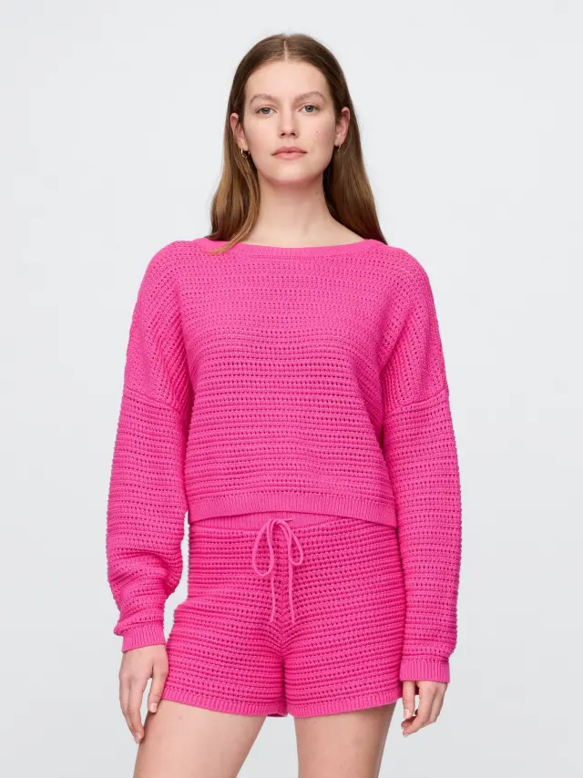 Γυναικείο Crop Πουλόβερ σε Κροσέ Πλέξη Phoebe pink