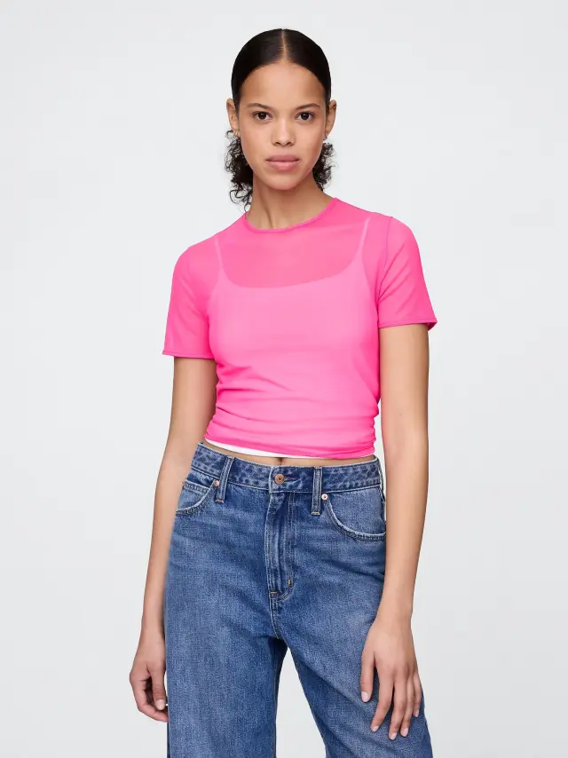 Mesh Cropped Μπλούζα Phoebe pink