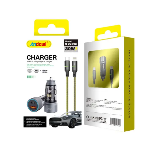 Andowl Q-DC50B Φορτιστής Αυτοκινήτου 30W με Θύρες: 1xUSB 1xType-C μαζί με Καλώδιο Type-C Q-DC50B