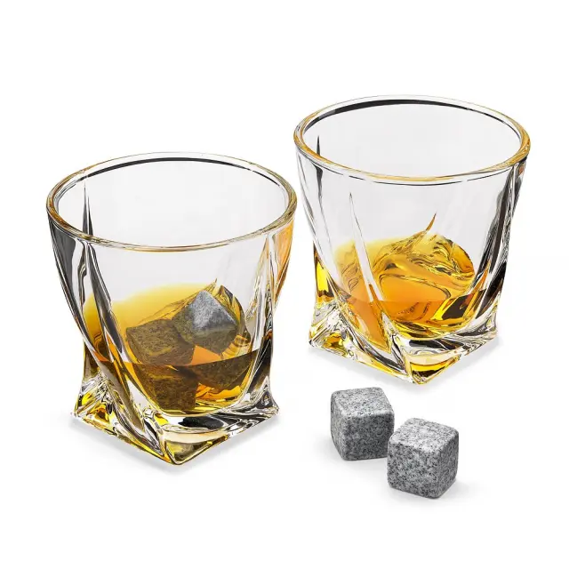 The Source® Twisted Glasses With Stone–Σετ 2 ποτήρια και κομψή θήκη Με 4 κύβους Πάγου από Πέτρα