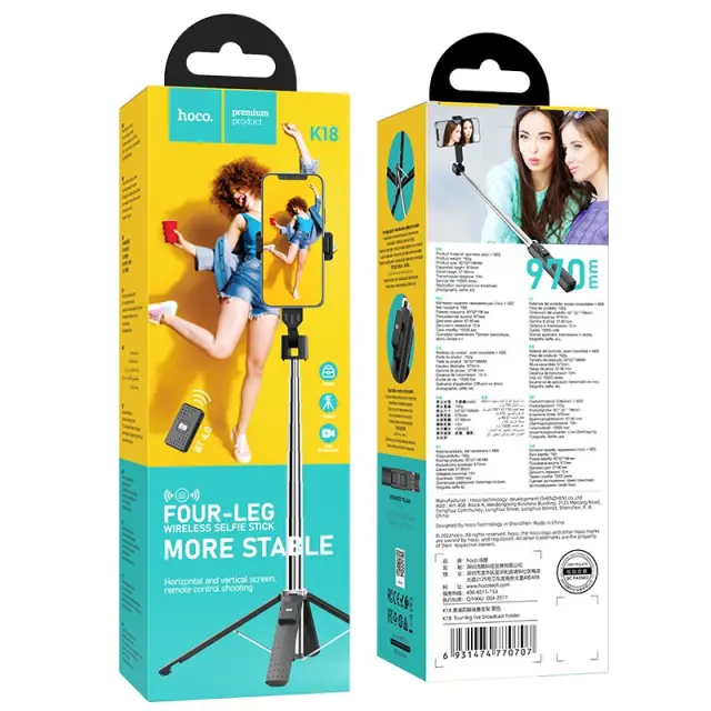 Selfie Stick Hoco K18 Wave για Συσκευές 4.5"- 7" 70mAh Ύψος 97cm Μαύρη 2