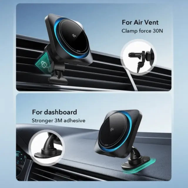 Esr Halolock Cryoboost Magnetic Magsafe Dashboard & Vent Car Mount Wireless Charger Qi2 15w Frosted Onyx 3