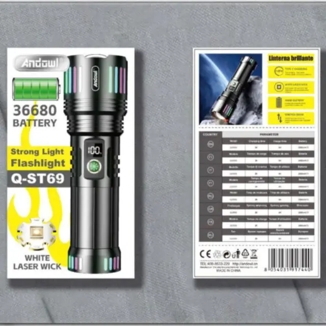 Andowl Επαναφορτιζόμενος Φακός LED 36680mah σε Μαύρο Χρώμα Q-ST69 2