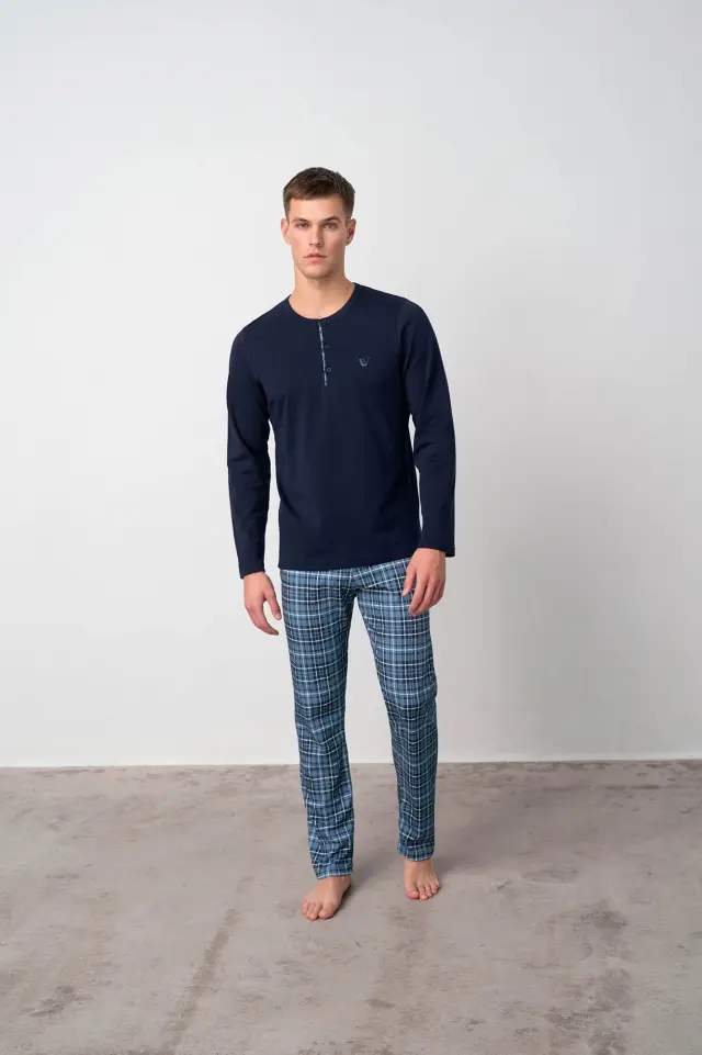 Uomo Di Vamp Ανδρική Πυτζάμα Με Κουμπιά Μπλε/Καρό +Plus Sizes - 4XL 3