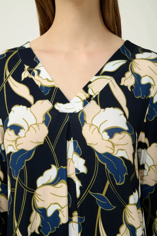 Χειμερινό Φλοραλ Νυχτικό Viscose με Πιέτα Vamp 23115 BLUE 2