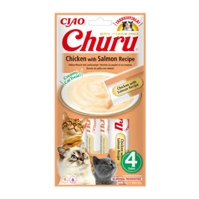 Ciao Churu Λιχουδιά σε Κρέμα με Γεύση Κοτόπουλο & Σολομό για Γάτες (4x14gr) Μονόχρωμο