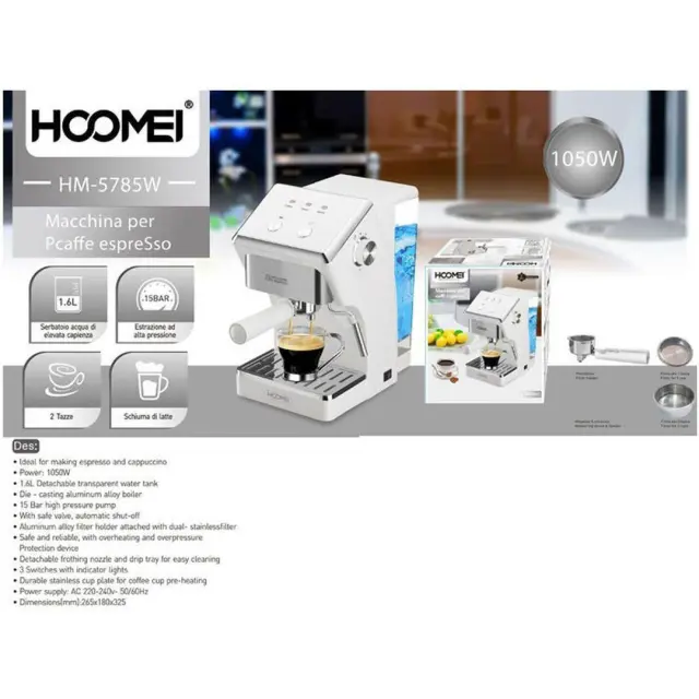 Hoomei HM-5785W Μηχανή Espresso 1050W Πίεσης 15bar Λευκή 2