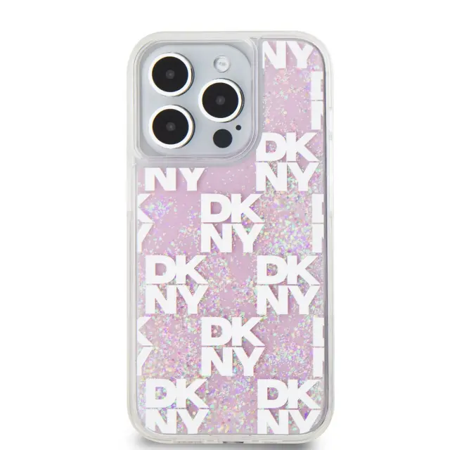 DKNY Liquid Glitter Checkered Pattern Case for iPhone 15 Pro Pink 2