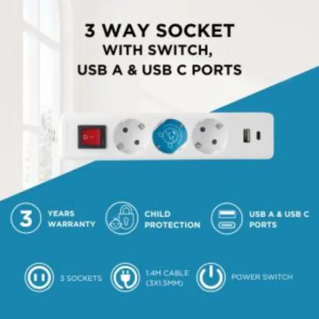 Πολύπριζο GSC 3 Θέσεων με Διακόπτη, Θύρες 1xUSB A, 1xUSB C & Καλώδιο 1.4m (3 x 1.5mm) Λευκό N67551 3