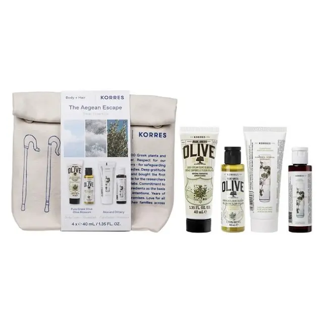 Korres The Agean Escape Travel Essentials Kρέμα Σώματος Άνθη Eλιάς  40ml Αφρόλουτρο Άνθη Eλιάς  40ml Αλόη & Δίκταμο Σαμπουάν 40ml & Αλόη & Δίκταμο Mαλακτική Kρέμα Μαλλιών 40ml 4τμχ