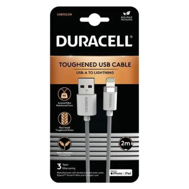 Καλώδιο Σύνδεσης USB 2.0 Duracell Braided Kevlar USB A σε MFI Lightning 15W 2m Λευκό N57517