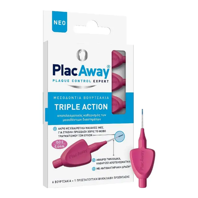 Plac Away Μεσοδόντιο Βουρτσάκι Triple Action 0.4mm ISO 0 Ροζ, 6 τεμάχια
