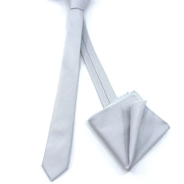 Γκρι Ασημί Oxford Γραβάτα Slim 4,5 cm Σετ με Μαντηλάκι 2