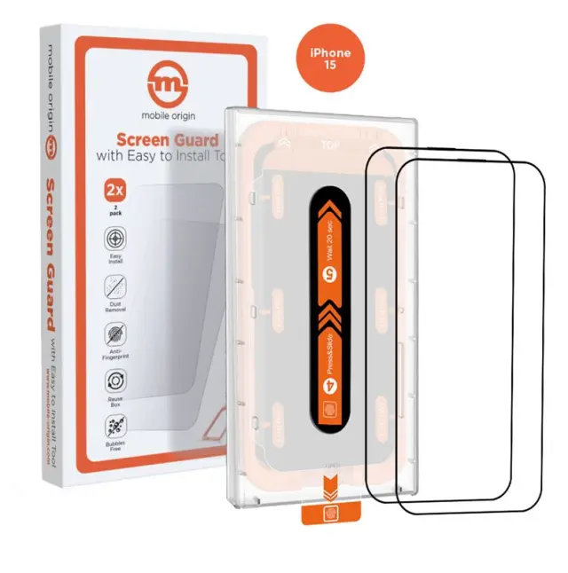 Mobile Origin Orange Screen Guard iPhone 15 with easy applicator, 2 pack 2