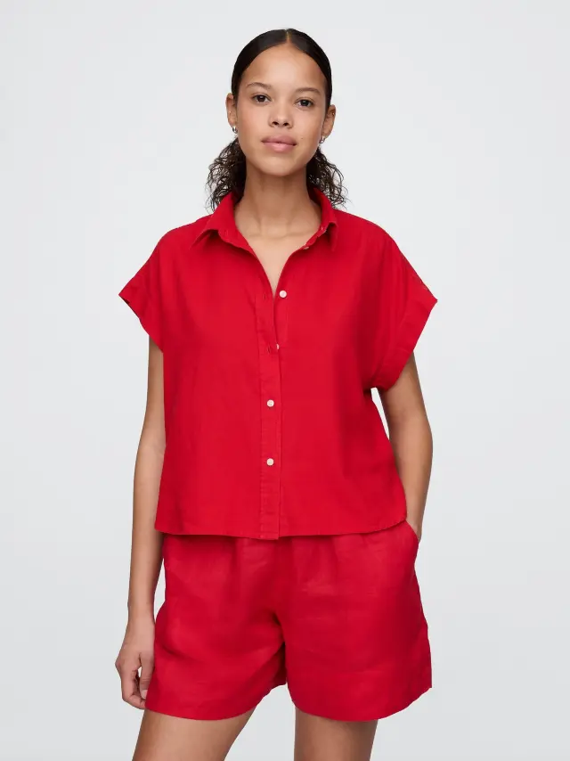 Linen-Blend Cropped Πουκάμισο Tomato sauce red - XS