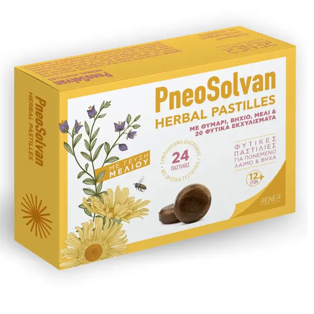 Rener PneoSolvan Herbal Φυτικές Παστίλιες για Λαιμό & Βήχα – Θυμάρι, Βήχιο, Μέλι & Βιταμίνη C 24τμχ