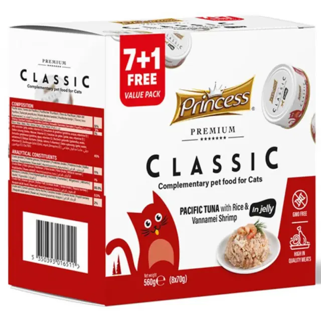 Princess Premium Classic Κονσέρβα Γάτας με Τόνο, Γαρίδα & Ρύζι 70gr (7 + 1 Δώρο)
