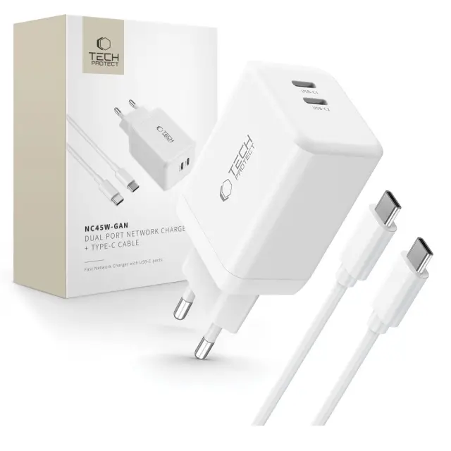 Tech-protect Nc45w-gan 2-port Network Charger Pd45w + Type-c Cable White