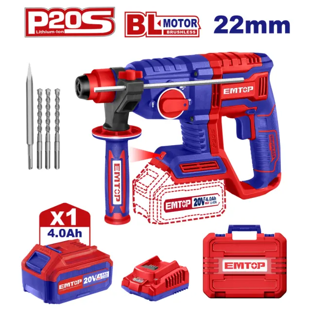 EMTOP BRUSHLESS ΣΚΑΠΤΙΚΟ ΠΕΡΙΣΤΡΟΦΙΚΟ ΠΙΣΤΟΛΕΤΟ 2J SDS-PLUS ΜΠΑΤΑΡΙΑΣ 20V ELRH202081