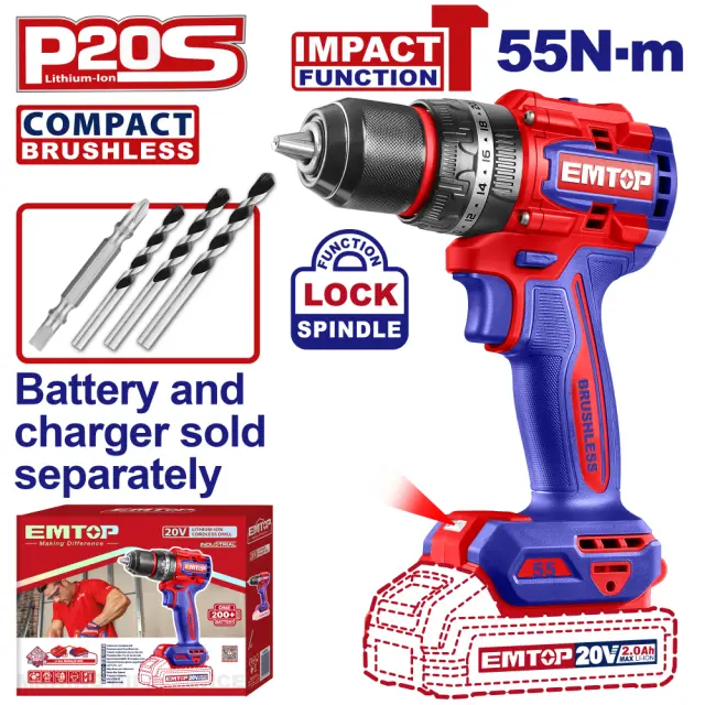 EMTOP BRUSHLESS ΚΡΟΥΣΤΙΚΟ ΔΡΑΠΑΝΟΚΑΤΣΑΒΙΔΟ ΜΠΑΤΑΡΙΑΣ ΛΙΘΙΟΥ 20V/55Nm ECIDL205581