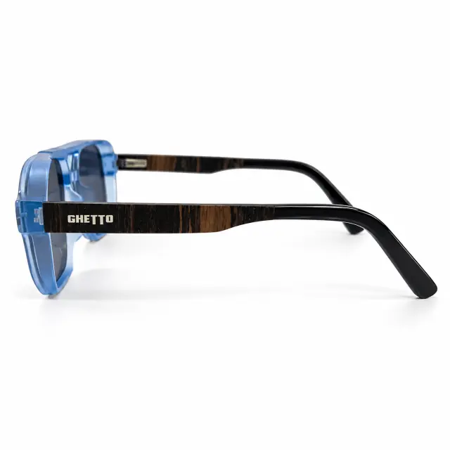 Ghetto Sunglasses Transparent Blue Frame – Black + Wood Temples | Unisex 2