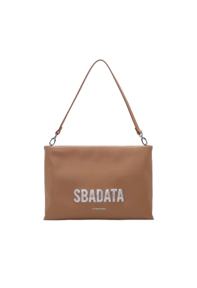 LE PANDORINE - Veronica clutch bag with handle and embroidered writing in natural color