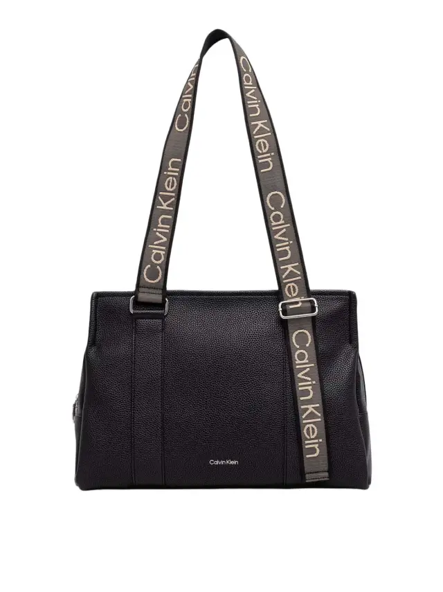 Calvin Klein Γυναικεία Μεγάλη Τσάντα Tote Webbing Strap Logo Adjustable Μαύρη Μπεζ