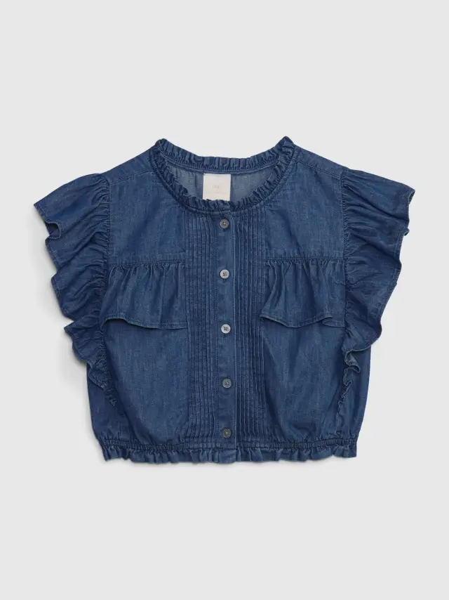 Μπλε Gap × LoveShackFancy Παιδική Denim Ruffle Button-Front Τοπ με Washwell medium wash - XS