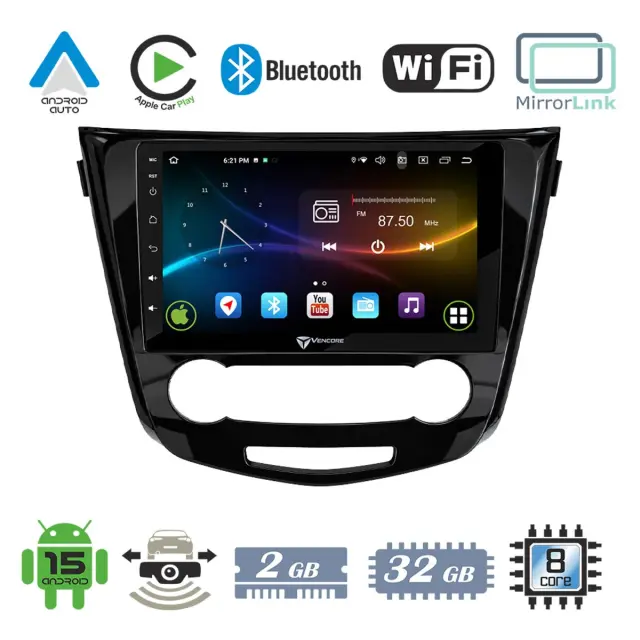 VenCore Οθόνη Multimedia Android 15 10" 9109A MTK6762 Octa-Core 2GB/32GB IPS με Πρόσοψη, CarPlay, Android Auto και Υποστήριξη Κάμερας Οπισθοπορείας AHD για Nissan Qashqai 2014-2021 – Μαύρη (3236-10008-0004B)